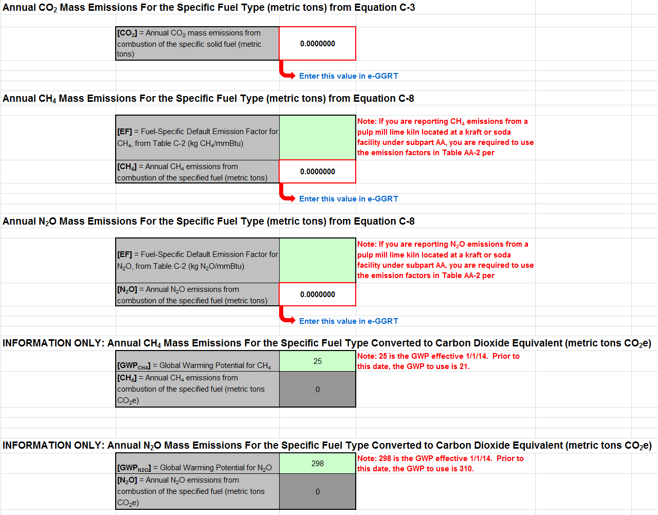 C-3, C-8 Calculation Spreadsheet of CO2, CH4, and N2O Data Entries into the Green Cells